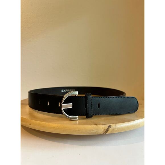 Express Black Genuine Leather Italy Made Chunky Silver Buckle Belt Size Medium